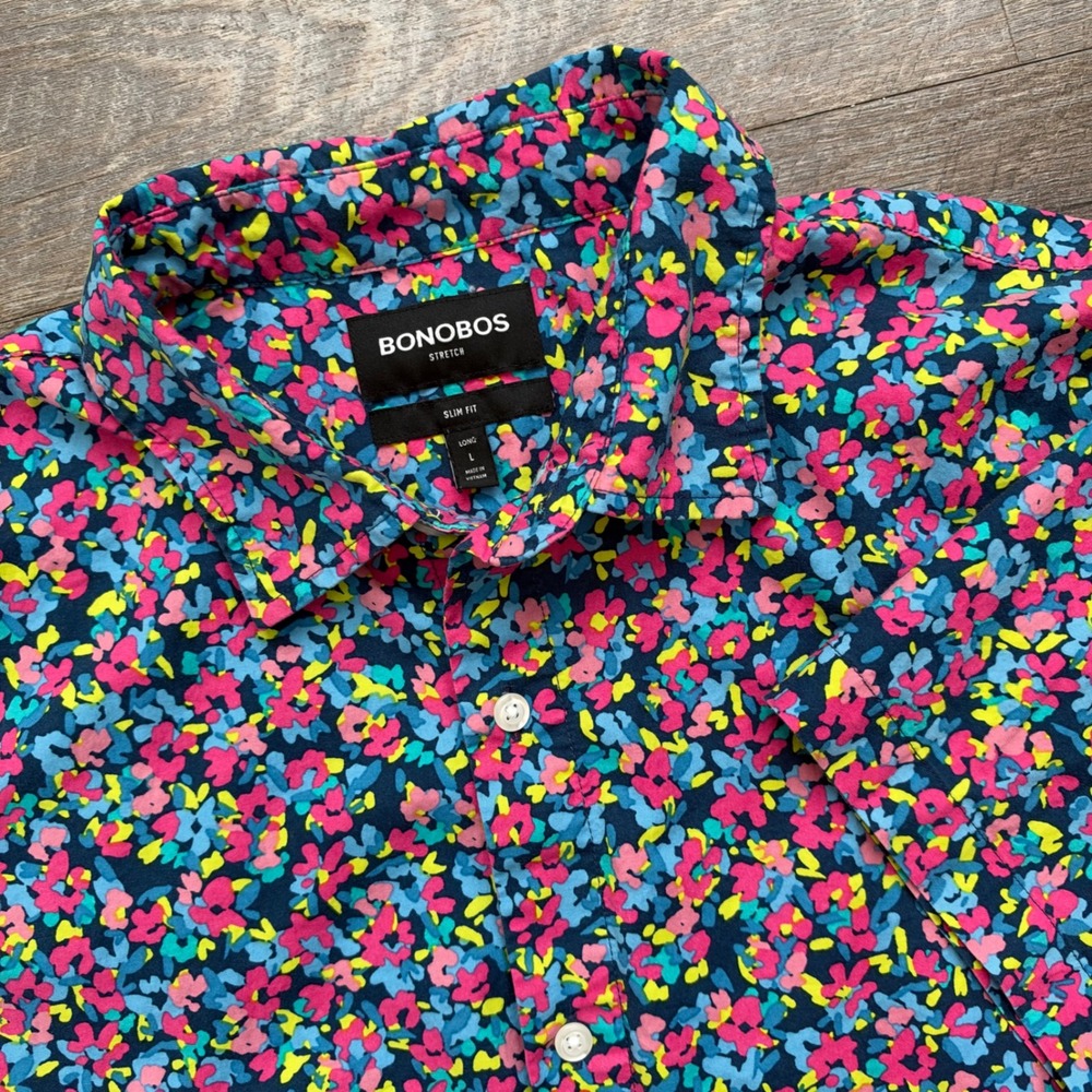 Bonobos Stretch Button Down Shirt Large Long Slim Fit Multicolor Floral Riviera